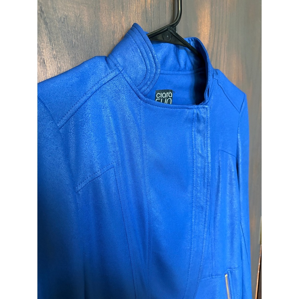 Clara Sunwoo Women Blue Textured Mock Neck Moto Jacket Small Cobalt Blue - Picture 2 of 9